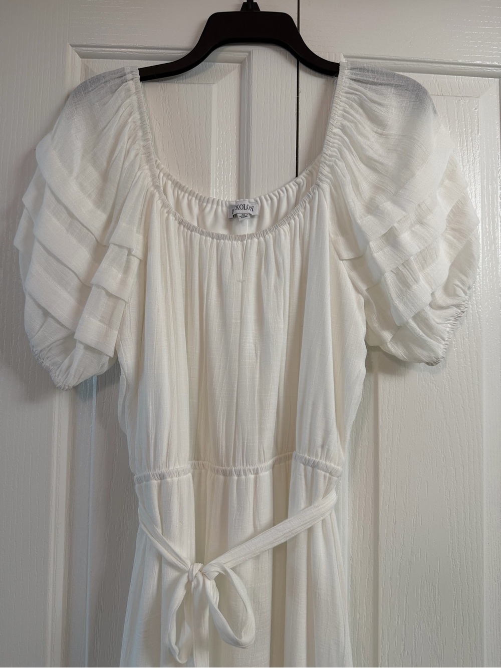 Luxology White Puff-Sleeve Midi Dress with Tie Waist
